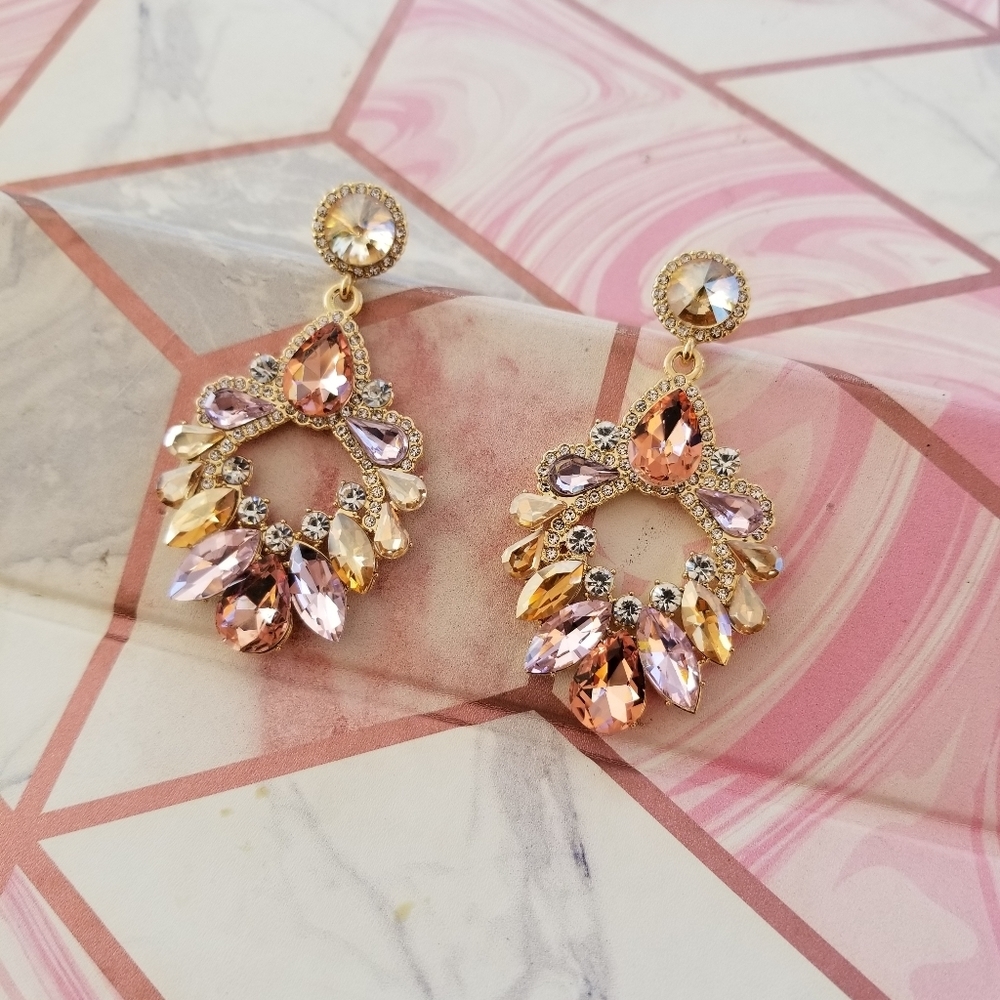 Yellow and pink gemstones rhinestone earrings, custom jewelry - Picture 3 of 7